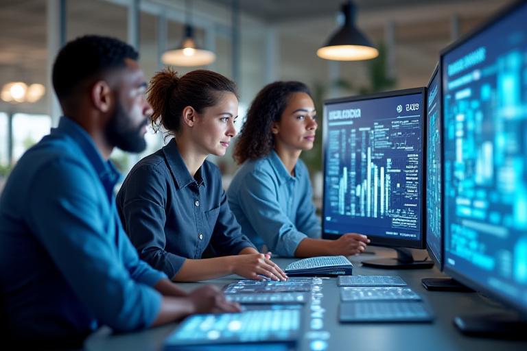 A diverse group of technology consultants engaged in a dynamic digital collaboration session, discussing data on large screens in a modern, well-lit office environment